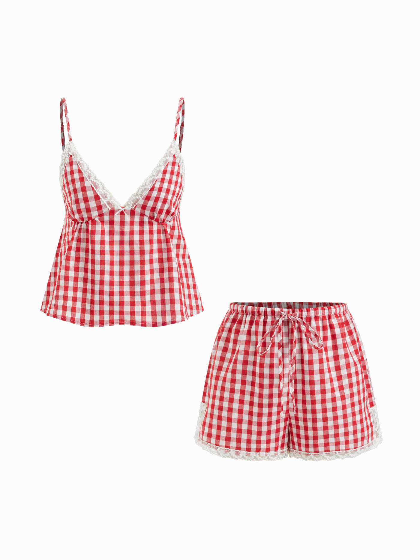 Cotton-blend V-neck Lace Trim Cami Top & Mid Rise Gingham Shorts Loungewear Set | Cider