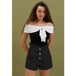 Heart-Shape Buttons Ruffle Trimmed Shorts in Black | Chicwish