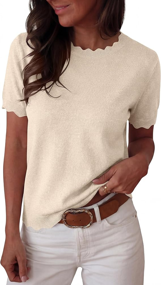 ANRABESS Womens Short Sleeve Sweater Summer Sweaters Top Dressy Scalloped Loose Business Casual V... | Amazon (US)