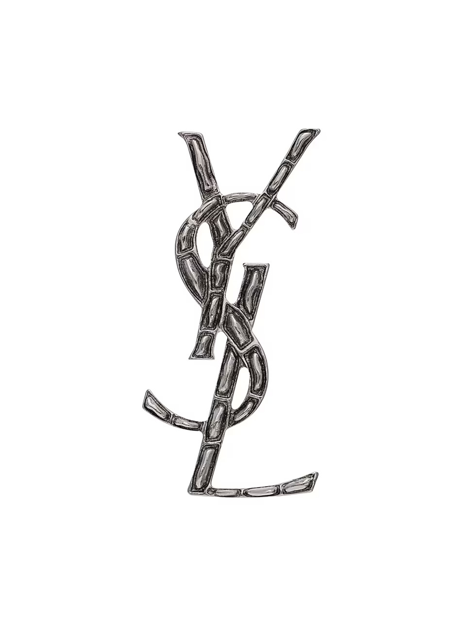 Saint Laurent Silvertone Textured Logo Brooch | Saks Fifth Avenue | Saks Fifth Avenue