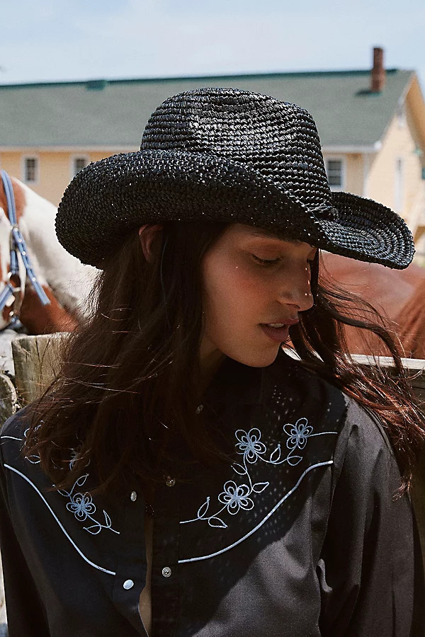 Millie Woven Raffia Cowboy Hat in Black, Women's at Urban Outfitters | Urban Outfitters (US and RoW)