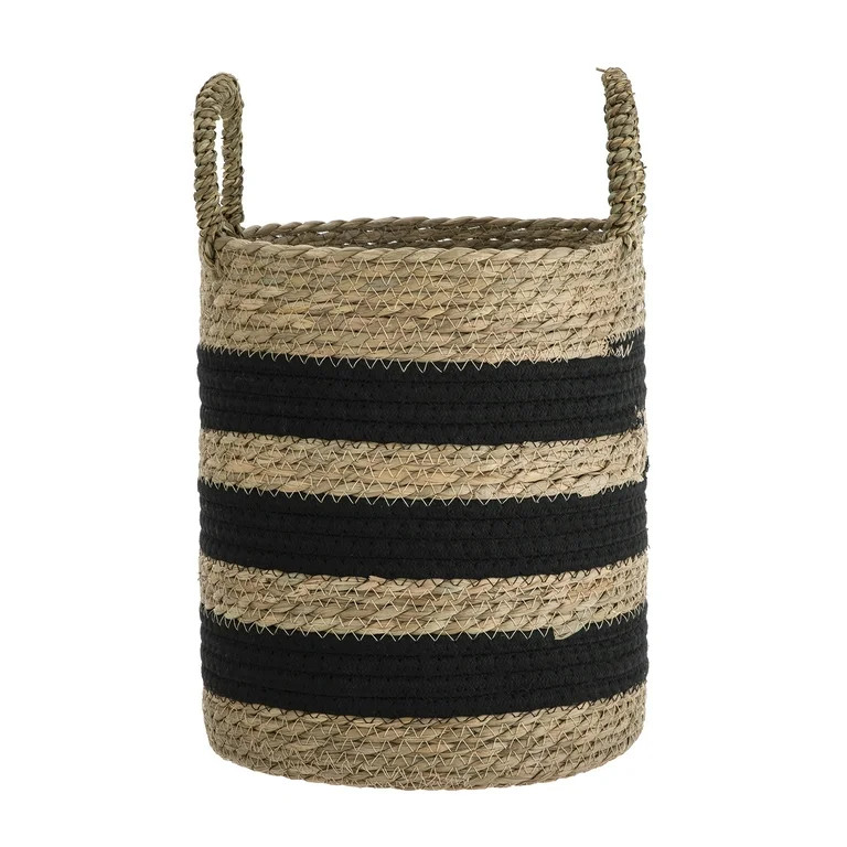 BHG 11" Black & Natural Striped Rush Basket with Handles | Walmart (US)