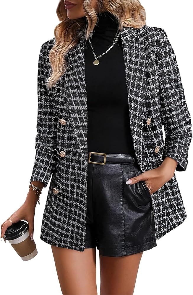 Happy Sailed Womens Plaid Tweed Blazers Dressy Casual Long Sleeve Double Breasted Open Front Blaz... | Amazon (US)