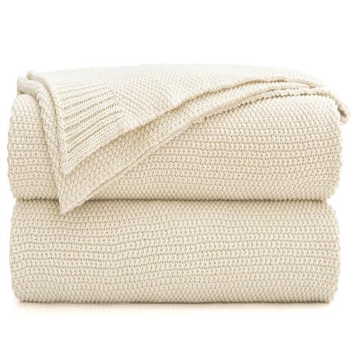 Cream Cotton Cable Knit Throw Blanket for Couch Sofa Bed, Home Decorative Lightweight Woven Throw Blankets with Bonus Laundering Bag, 3.4 Pounds 60 x 80 Beige | Amazon (US)