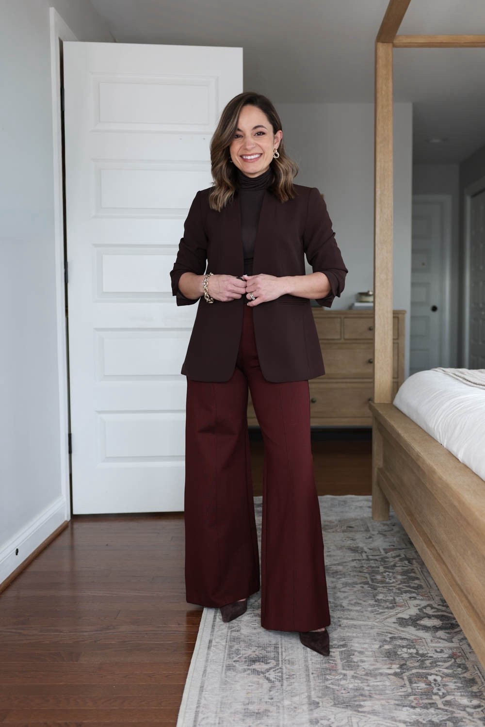 Burgundy pants styled four ways for work! 

These ponte pants are stretchy and comfortable. They come in three color options and in petite have a 10” rise and a 29” inseam (works best with heels for me). I recommend a size up for the best fit! If you base your sizing off of mine I would go with petite xs. 

Blazer (Ann Taylor): petite 00 - sold out at the moment, linked another option 
Turtleneck (Nordstrom): xxs - sheer 
Heels (Sam Edelman) 

My measurements for reference: I’m 4’10” and 105lbs. My bust, waist, and hip measurement is 32”, 24”, and 36”.

#LTKPetite #LTKWorkwear
