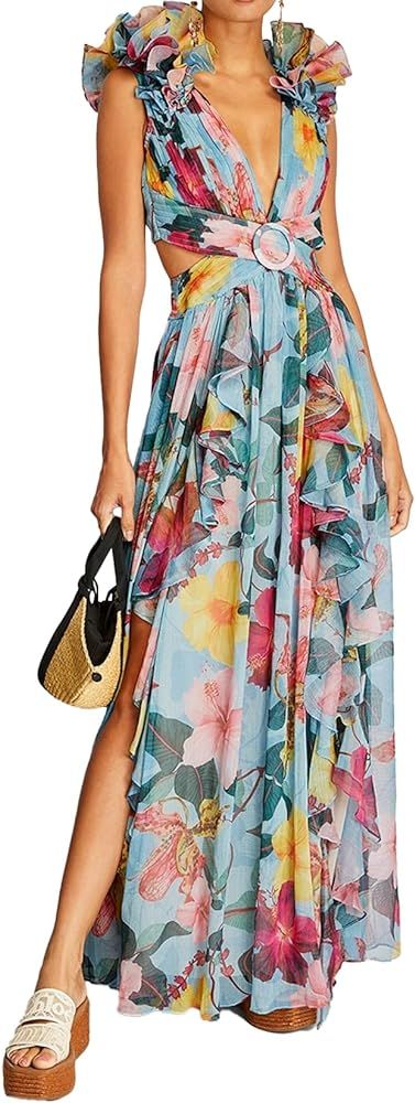 Jardinvue Women V Neck Dress Sleeveless Dress Backless Maxi Dress for Women Cutout Floral Dress R... | Amazon (US)