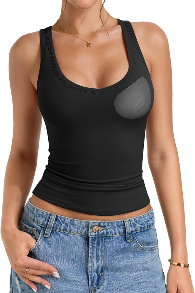 PINKMSTYLE Women Padded Tank Tops Scoop Neck Double Lined Sleeveless with Built in Bras Shirts Sl... | Amazon (US)