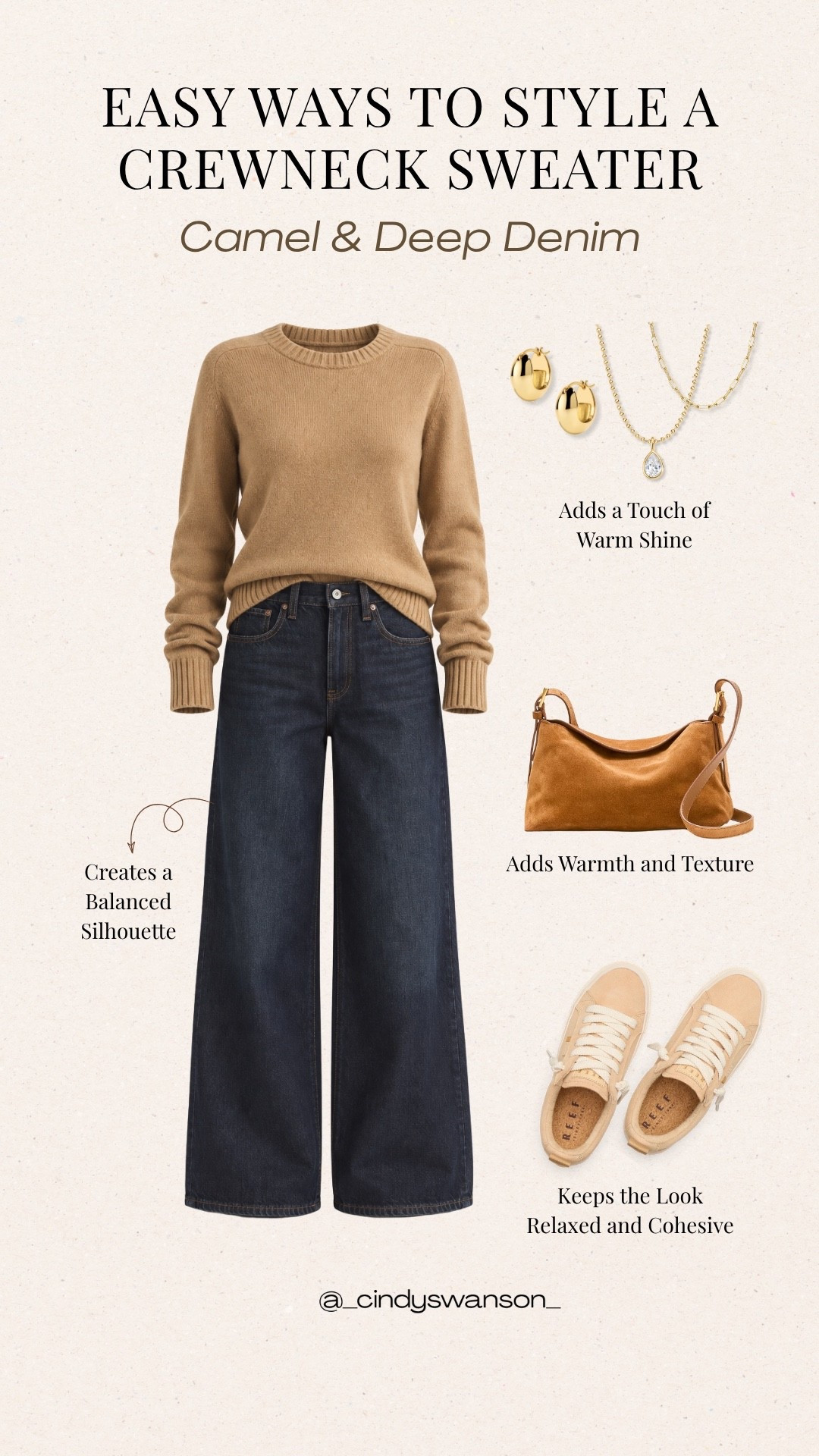 A camel crewneck sweater paired with deep-wash wide-leg jeans is such a timeless combination for everyday style. I love how the warm neutral tones, cognac shoulder bag, and simple gold jewelry pull everything together, while the cream sneakers keep the look relaxed and easy to wear. It's a versatile outfit for errands, lunch, or a casual weekend.