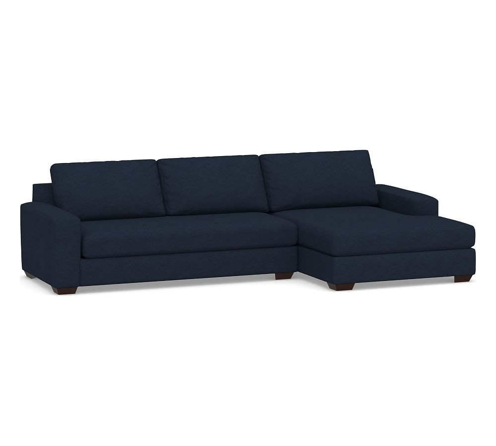 Big Sur Square Arm Upholstered Left Arm Sofa with Double Chaise Sectional with Bench Cushion, Down Blend Wrapped Cushions, Performance Heathered Basketweave Navy | Pottery Barn (US)