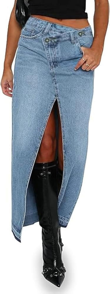 AiMgFUN Jean Skirt for Women Denim Skirt with Pockets Mid Waist Long Split Skirts | Amazon (US)