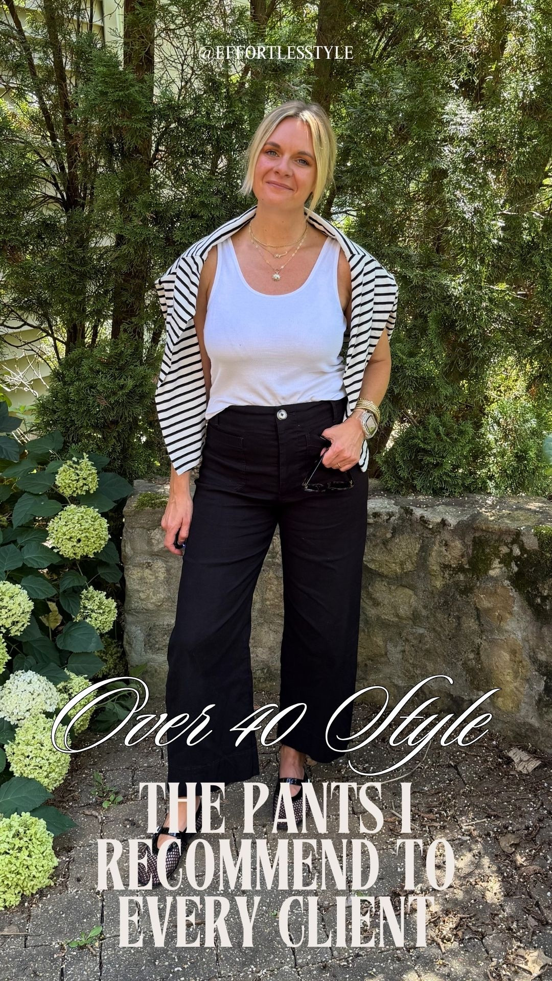 OOTD ✨ White scoop neck tank + black wide leg ankle pants + striped tee draped over the shoulders + mesh Mary Jane flats. All from my own closet — linked the closest versions I could find. Everything shoppable below! 👇

#LTKdayinmylife #LTKootd #LTKOver40
