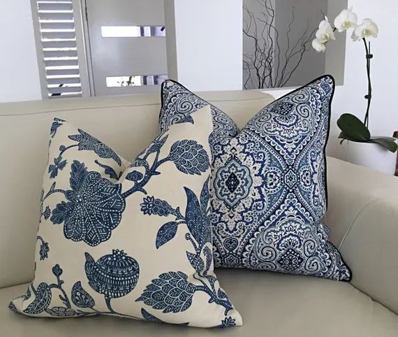 Hampton's Style Cushions Blue and White Damask Cushion - Etsy | Etsy (US)