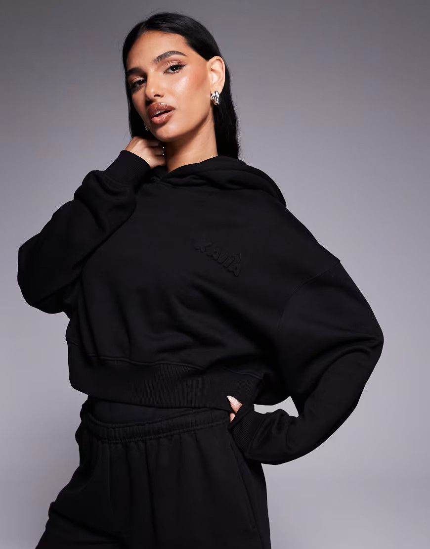 Kaiia cotton rich bubble embossed logo cropped hoodie co-ord in black | ASOS (Global)