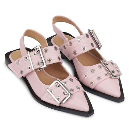 Yishaweiqi Wide Welt Buckle Ballet Flats for Women Slingback Flats Casual Ballerina Shoes Flat Squared Block Heel Pumps Light Pink | Amazon (US)