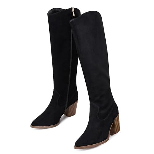 MeiLuSi Black Knee High Boots for Women,Slouch Tall Suede Boots,Winter Fall Shoes Chunky Heels Slouchy Style Comfortable Shoes Size 9.5 | Amazon (US)