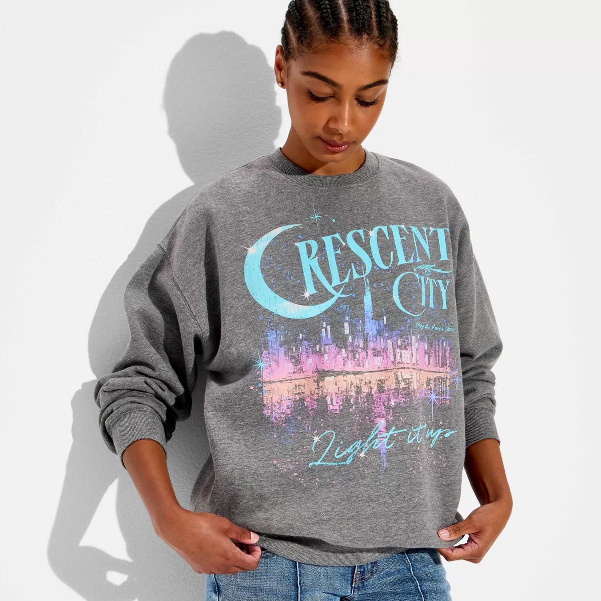 Women's Crescent City Crewneck Fleece Graphic Pullover Sweatshirt - Heather Gray S | Target