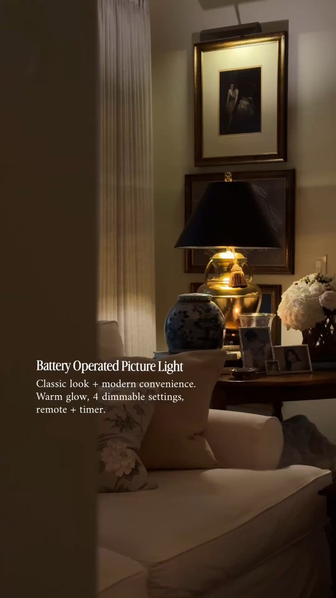 One of my favorite lighting details in our home. This battery-operated picture light has the timeless look of a traditional hardwired fixture with the convenience of modern technology - warm LED lighting, four dimmable brightness settings, a remote, and a built-in timer. The perfect finishing touch for artwork or gallery walls.

battery operated picture light, cordless picture light, wireless picture light, rechargeable picture light, art lighting, gallery wall lighting, remote picture light

#LTKHome