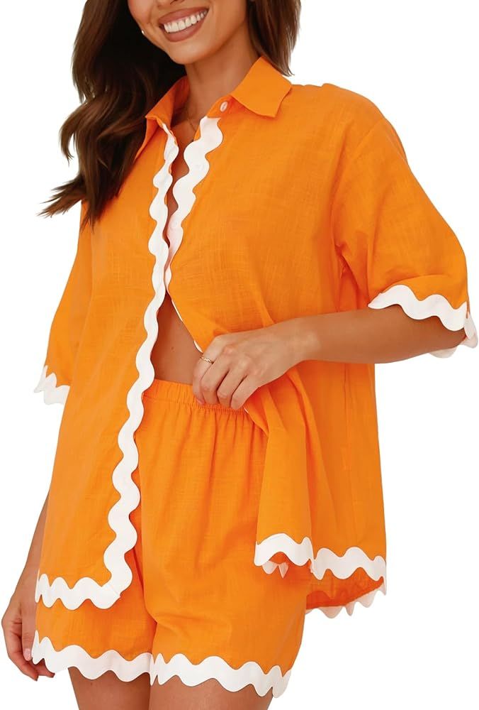 Womens 2024 Summer 2 Piece Matching set Summer Beach Outfits Long Sleeve Oversized Shirts And Sho... | Amazon (US)
