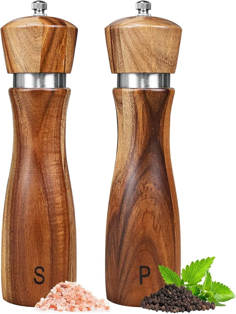 2 Pack Acacia Wood Salt and Pepper Grinder Set, Wooden Salt and Pepper Mill Set Salt and Pepper S... | Amazon (US)