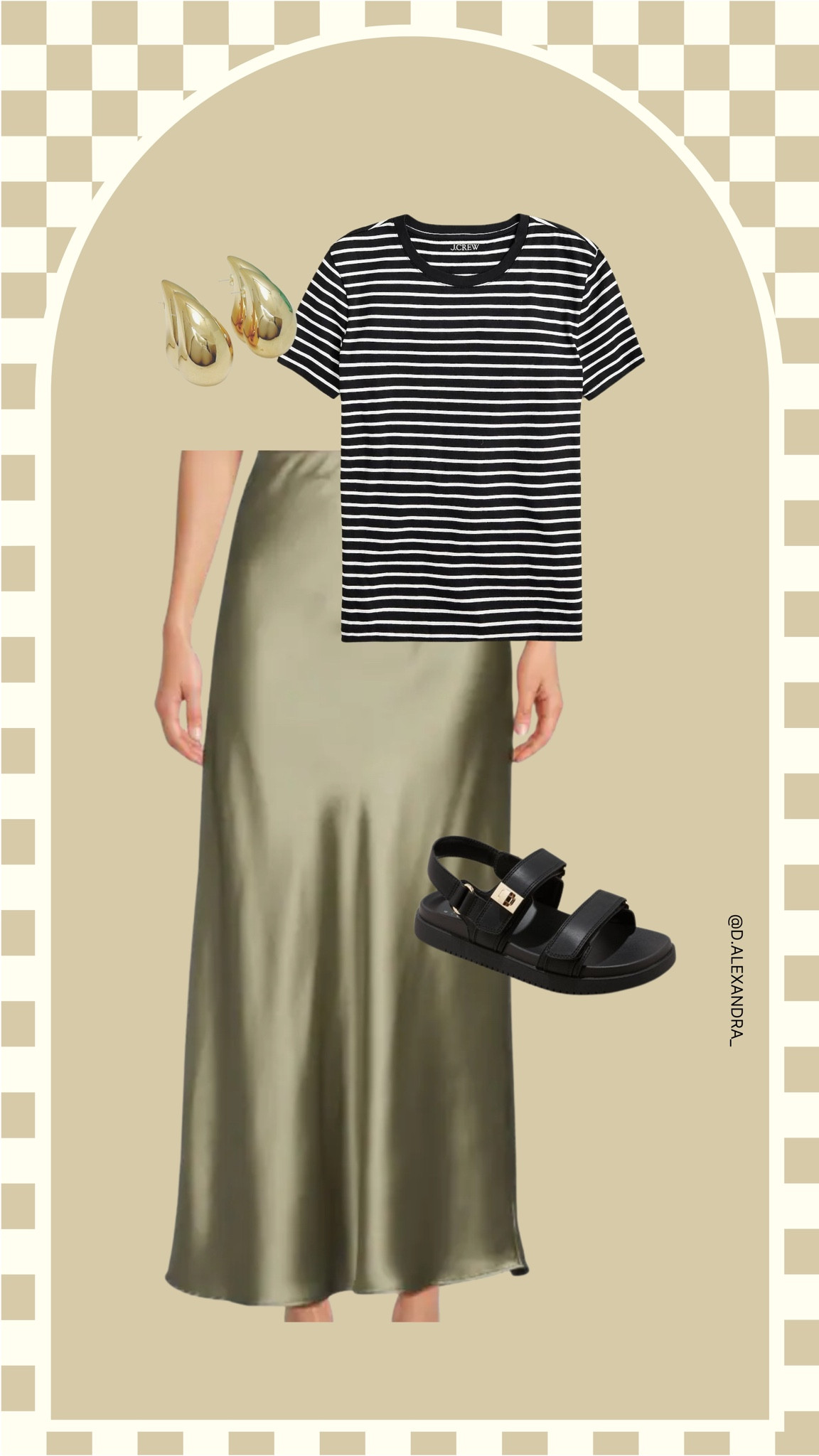 Spring outfit:

Black and white striped tee paired with a green satin maxi skirt and dad sandals. 

#LTKshoecrush #LTKworkwear