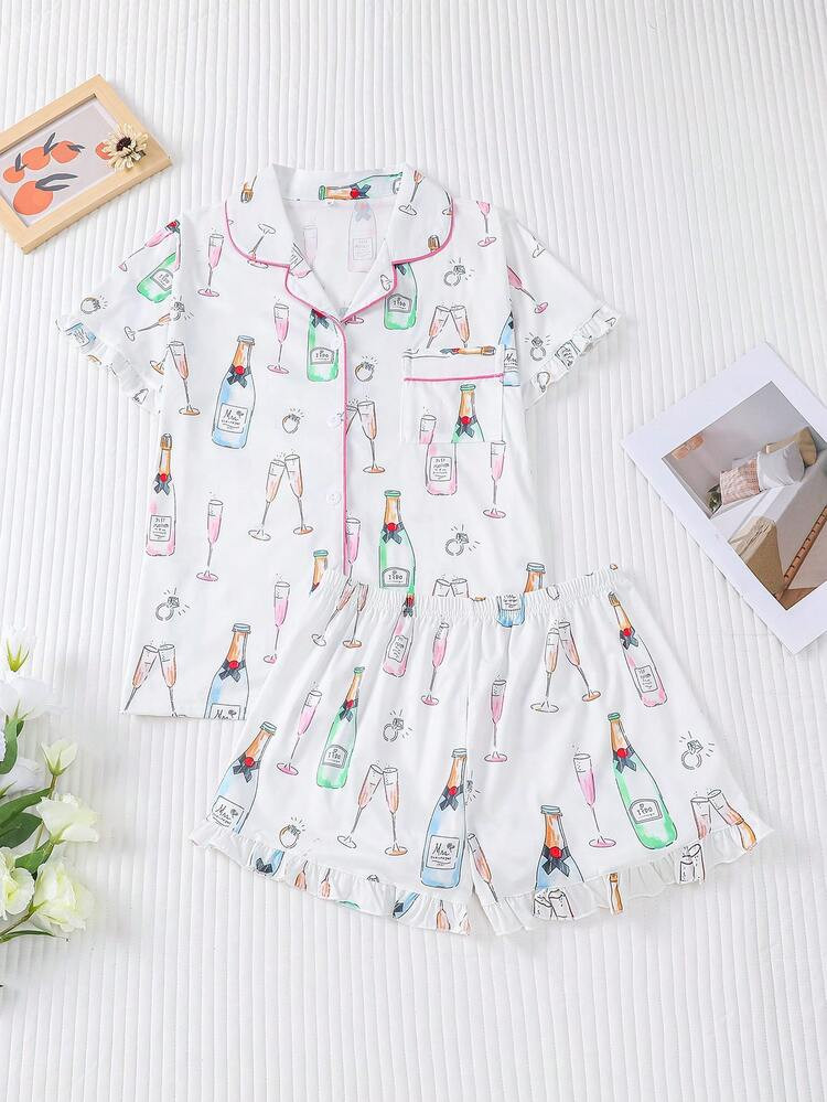 2pcs Women Casual Wine Bottle & Champagne Printed Pajama Set, Elegant Style Comfortable Outdoor Pleated Sleeve Home Wear, Suitable For All Seasons, Collared Button Short Sleeve Top And Relaxed Elastic Waist Shorts | SHEIN