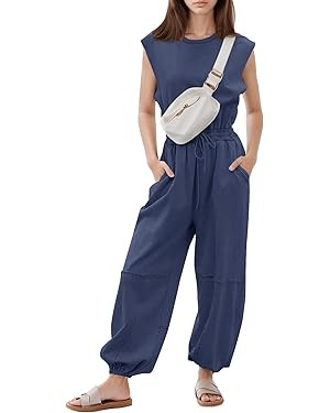 Flygo Womens Casual Jumpsuit Crewneck Cap Sleeve Long Wide Leg Pants One Piece Outfits Drawstring... | Amazon (US)