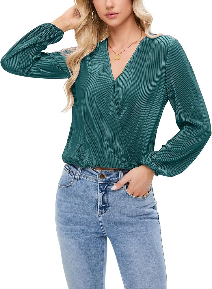 Women Long Lantern Sleeve Shirts Dressy Casual Loose Fit Fall V Neck Blouses Date Night Tops | Amazon (US)