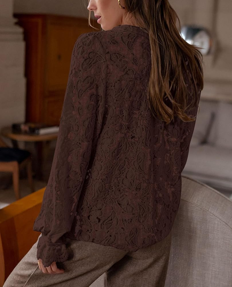 PRETTYGARDEN Women's Dressy Casual Lace Blouse Long Sleeve Button Up Shirts Tops Fall Fashion Clo... | Amazon (US)