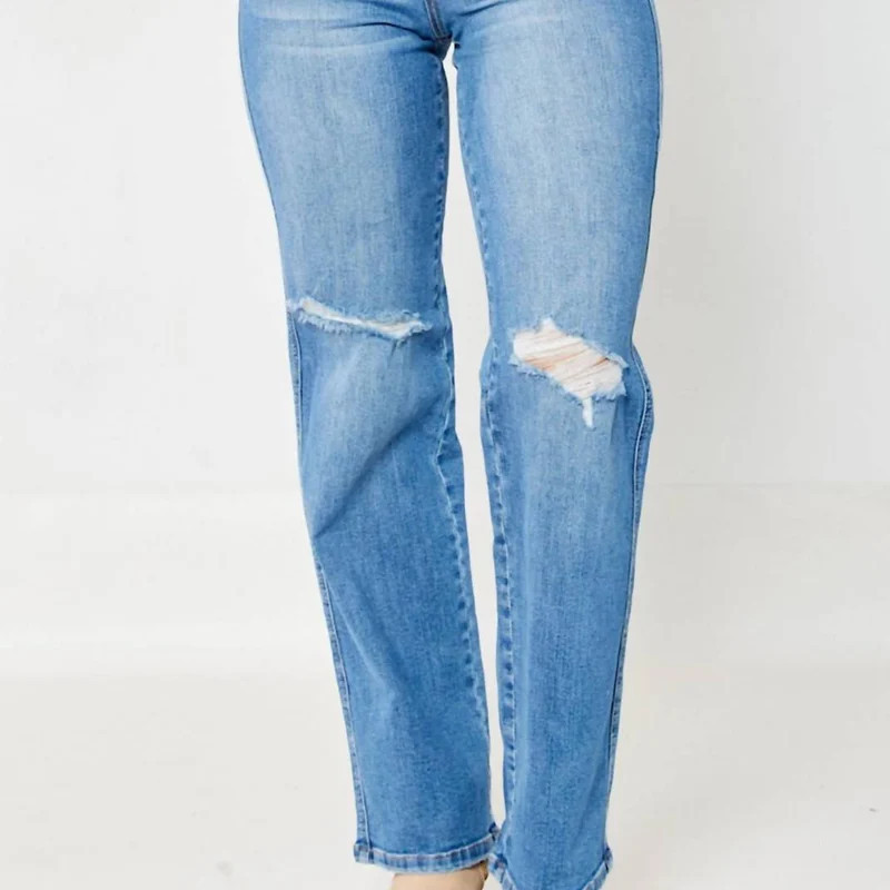 Judy Blue High Waist Straight Leg Jean In Medium Blue - Blue - 14W | Verishop