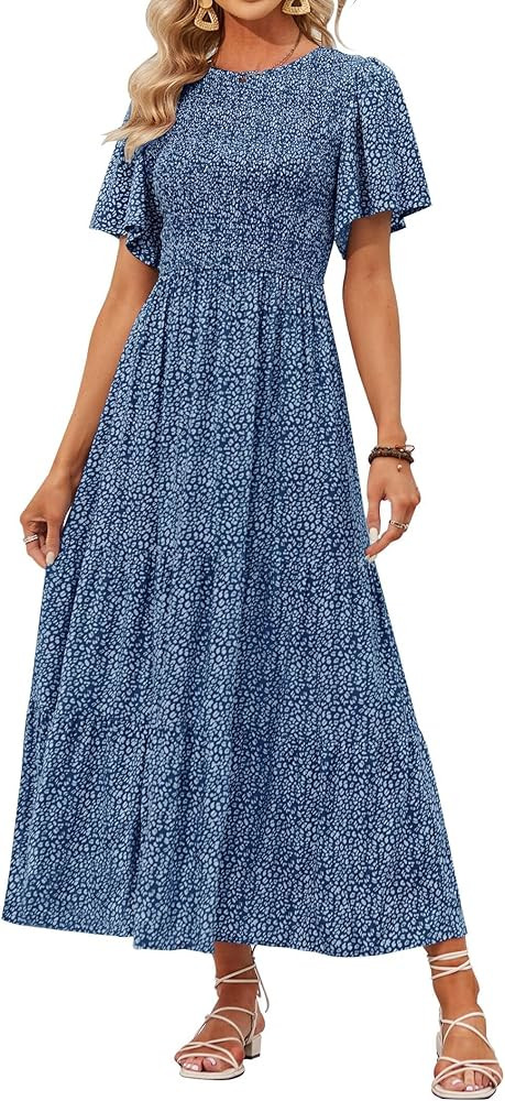 ZESICA Women's 2026 Spring Boho Floral Maxi Dresses Casual Short Flutter Sleeve Smocked Tiered Fl... | Amazon (US)