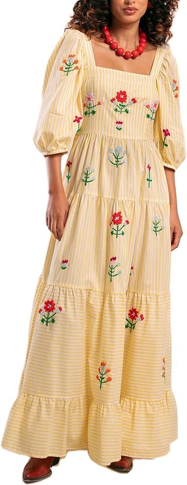 Women's Floral Embroidered Maxi Dress Bohemian Puff Sleeve Square Neck Ruffle Tiered Flowy Dress ... | Amazon (US)