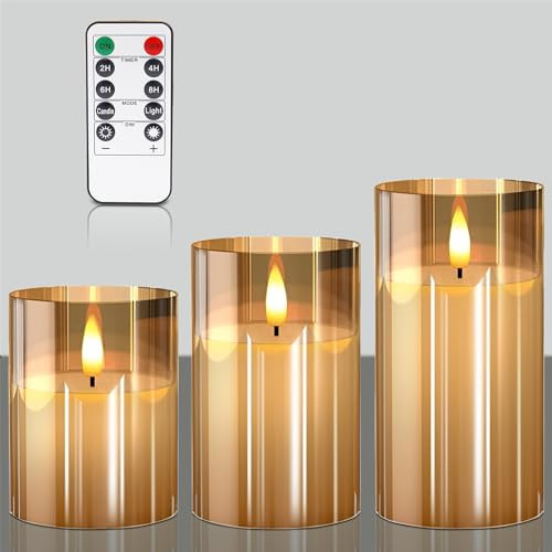 VIEWELLD Gold Glass Flameless Candles with Remote and Timer, Battery Operated Candles, LED Pillar Candles, Electric Fake Candles for Home Festival Party Decor. | Amazon (US)