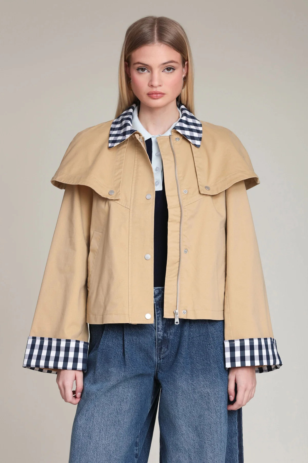 Gingham Trim Cotton Cape Jacket | Avec Les Filles