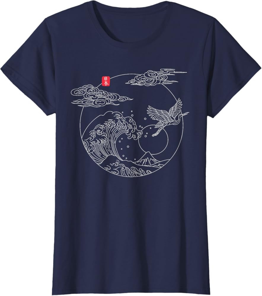 Japanese Vintage Line Art Crane The Great Wave off Kanagawa T-Shirt | Amazon (US)
