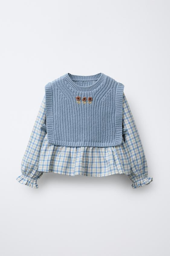 EMBROIDERED KNIT VEST COMBINED GINGHAM SHIRT | Zara US