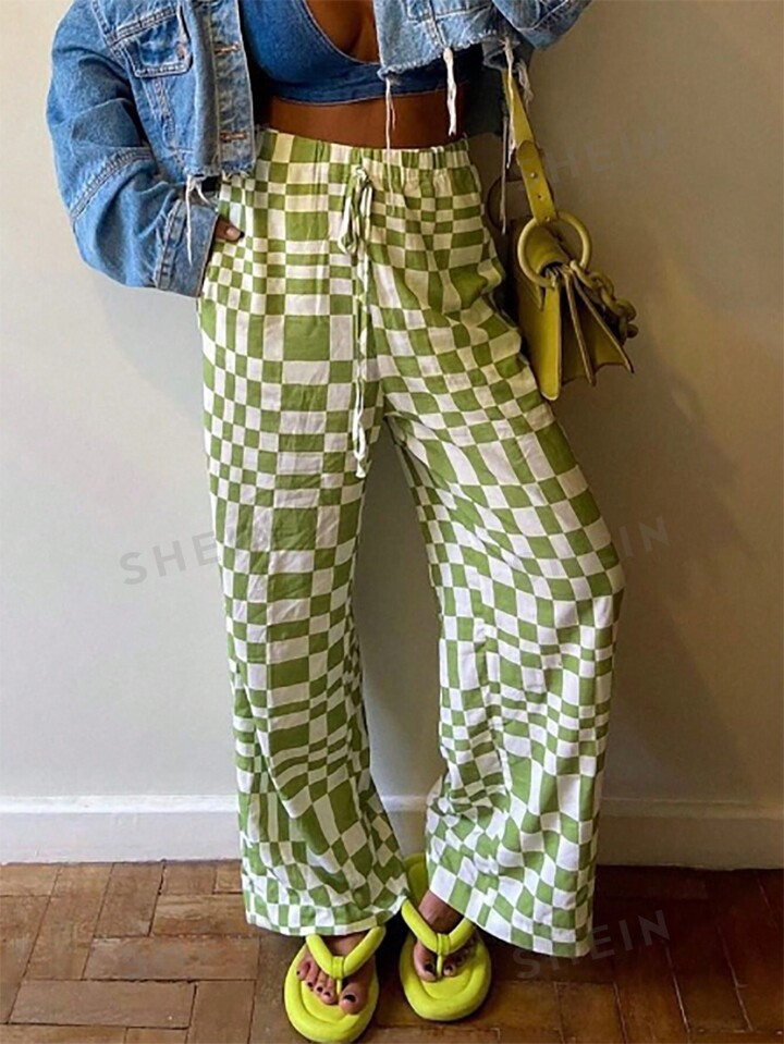 SHEIN LUNE Women Fashionable Plaid Loose Wide Leg Pants, Casual | SHEIN
