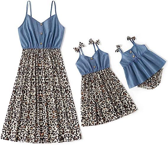 IFFEI Mommy and Me Dresses Matching Outfits Sleeveless Leopard Stitching Solid Tank Dresses | Amazon (US)