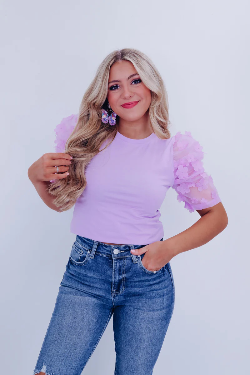 Fiori Sheer Mesh Sleeve Top - Lavender | Whiskey Darling Boutique