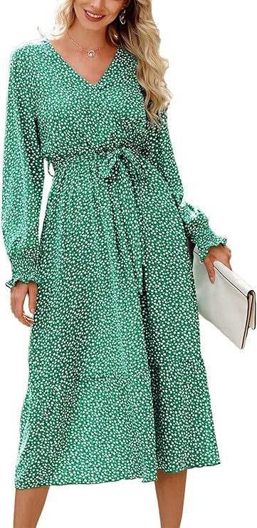 PRETTYGARDEN Women's Floral Print Boho Dress Long Sleeve Wrap V Neck Ruffle Belted A-Line Flowy M... | Amazon (US)