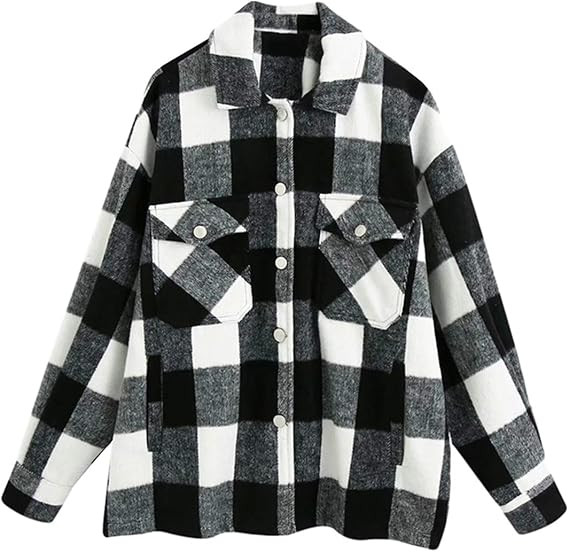 Omoone Women's Lounge Lapel Button Down Brushed Check Shirt Jacket Plaid Shirts Coats | Amazon (US)
