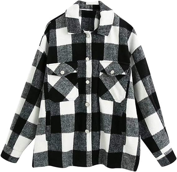 Omoone Women's Lounge Lapel Button Down Brushed Check Shirt Jacket Plaid Shirts Coats | Amazon (US)