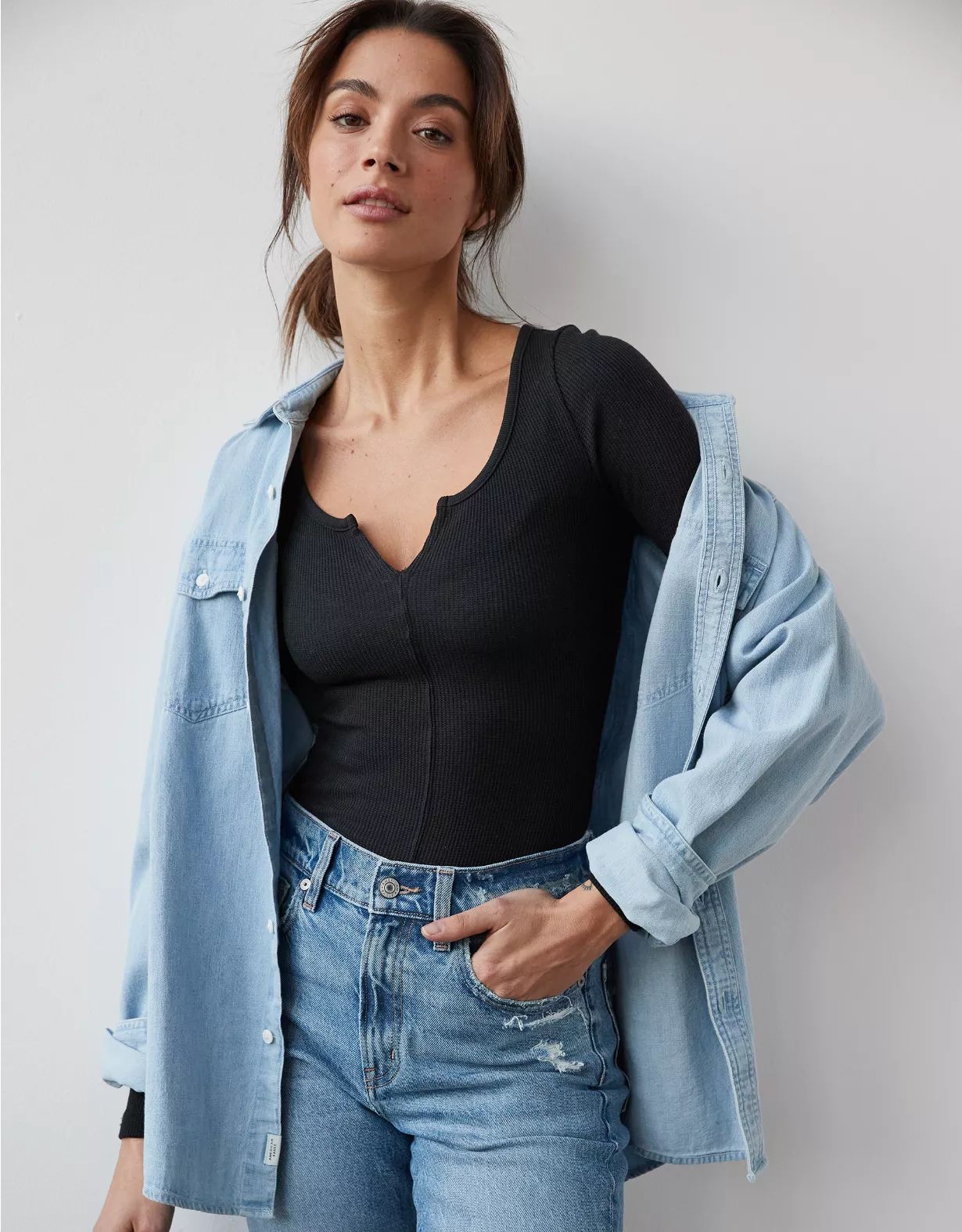 AE Long-Sleeve Notch Neck Bodysuit | American Eagle Outfitters (US & CA)