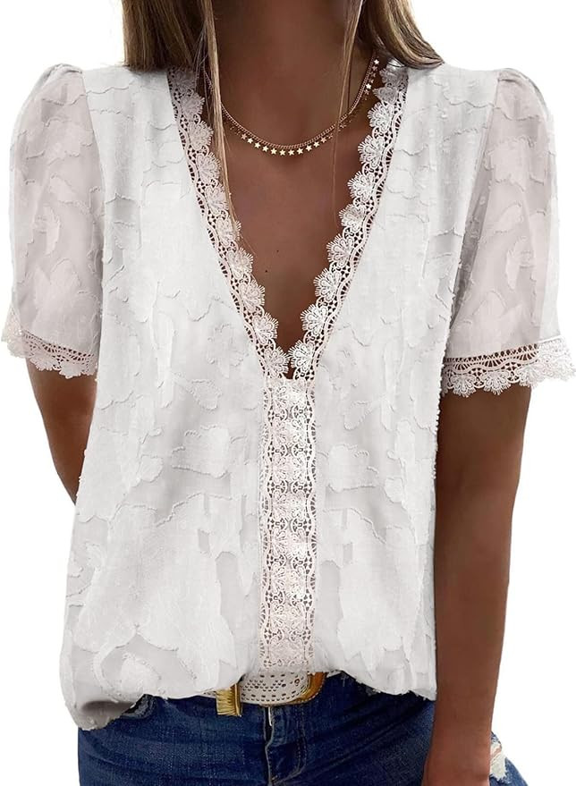 Dokotoo Womens Summer V Neck Lace Crochet Shirts Chiffon Casual Blouses Tops | Amazon (US)