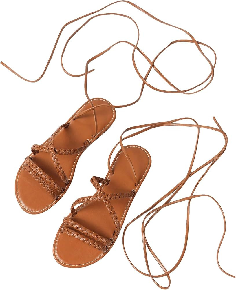 GORGLITTER Women's Lace Up Sandals Tie Up Strappy Flat Sandals Gladiator Open Toe Western Slide S... | Amazon (US)