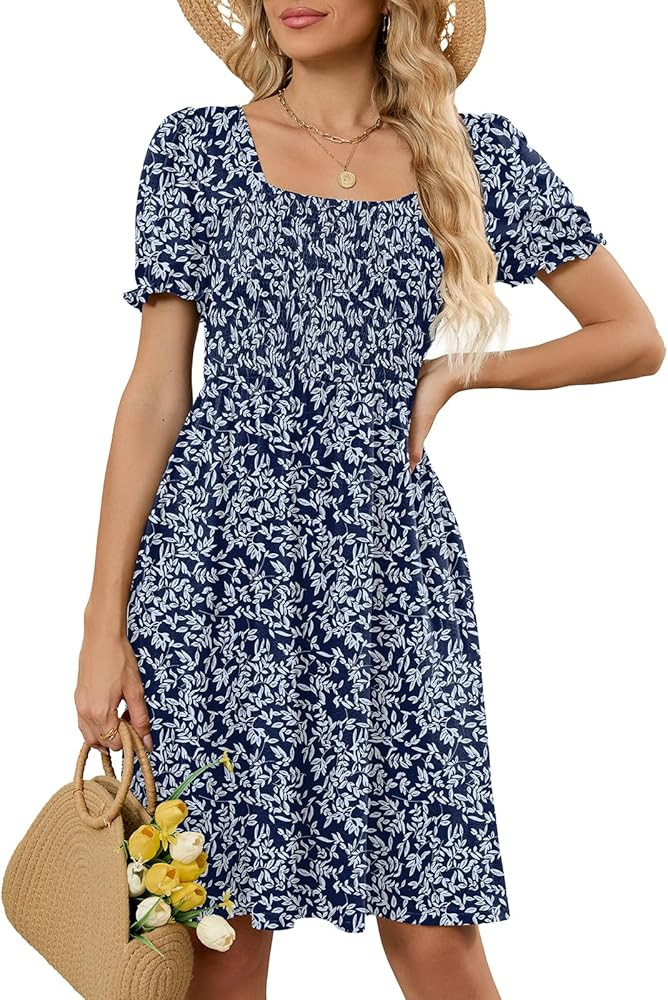Naggoo Women's Summer Dresses Short Puff Sleeve Casual Square Neck Floral Print Smocked A Line Fl... | Amazon (US)
