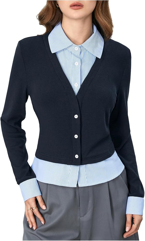 MakeMeChic Women's Casual Business Top Long Sleeve Shirts Button Down Collared Blouse | Amazon (US)