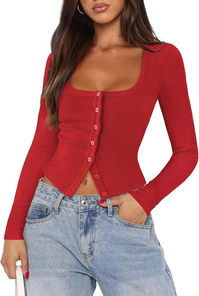 Womens Button Up Tops for Women Knit Ribbed Fitted Button Down Cardigan Long Sleeve Going Out Top... | Amazon (US)