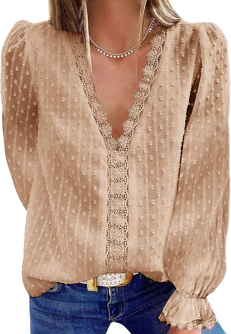 SUPRELOOK Women's V Neck Lace Crochet Tops Casual Loose Long Sleeve Swiss Dot Tops Tunic Shirts B... | Amazon (US)