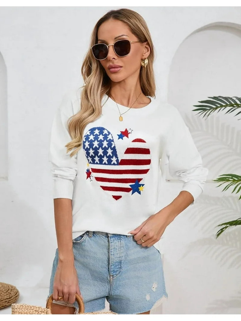 American Flag Graphic Sweaters for Women 4th of July Crew Neck Heart Sweater Long Sleeve Casual K... | Walmart (US)