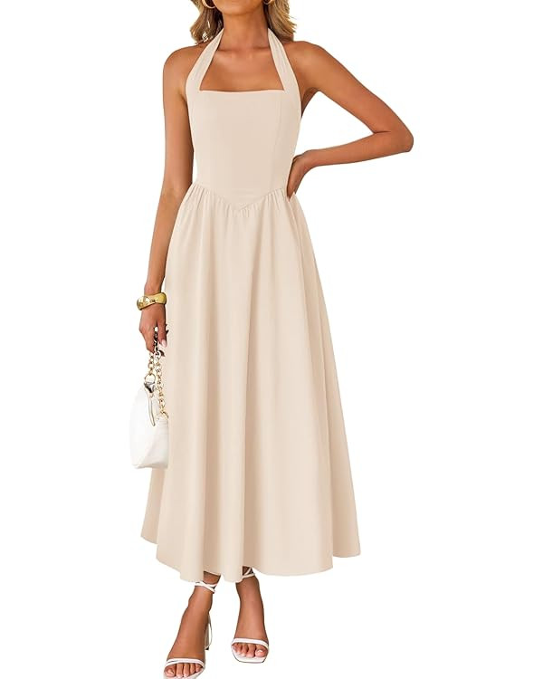 ZESICA Women's Summer Sleeveless Halter Midi Dress 2025 Off Shoulder High Waist Swing Flowy Beach... | Amazon (US)